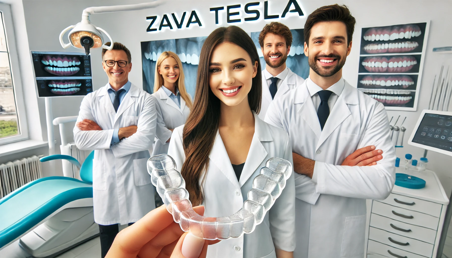 DALL·E 2025 02 25 13.34.24 A team of professional dentists wearing white coats standing in a modern dental clinic with the name ZAVA TESLA clearly displayed. They are smiling ZAVATESLA Gia Công Khay Niềng Răng Trong Suốt (OEM/ODM) gia công gia công